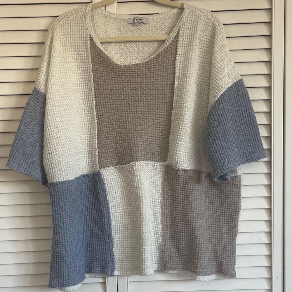 Polagram Color Block Short Sleeve Top - Cream, Gray, Blue